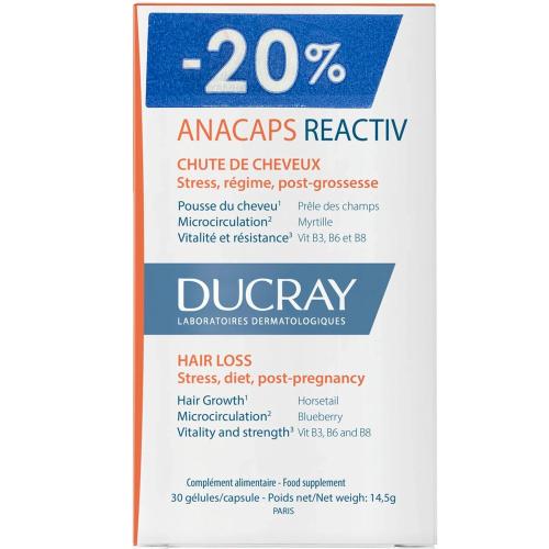 Ducray Anacaps Reactiv Hair Loss Συμπλήρωμα Διατροφής Πολυβιταμινών, Μετάλλων & Ιχνοστοιχείων με Εκχυλίσματα Βοτάνων που Συμβάλει στη Διατήρηση των Μαλλιών Κατά της Τριχόπτωσης για Υγιή Νύχια & Δέρμα 30caps σε Ειδική Τιμή